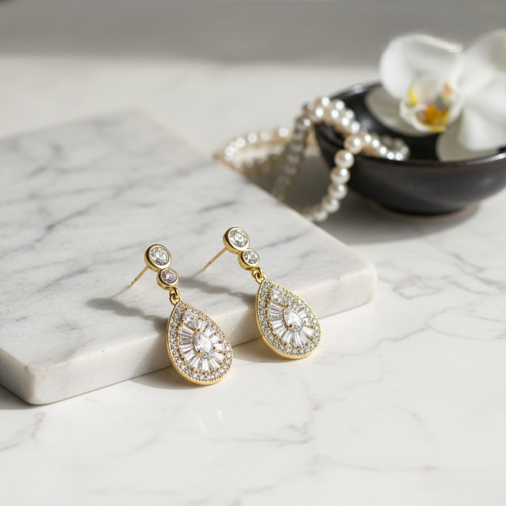 Zircon Teardrop Earrings - Gold